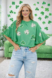 Green Sequin Clover Ruffled Trim Bell Blouse