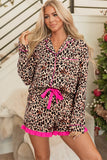 Leopard Print Contrast Trim Long Sleeve Shirt Drawstring Ruffle Hem Short