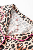 Leopard Print Contrast Trim Long Sleeve Shirt Drawstring Ruffle Hem Short