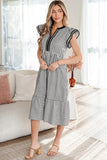 Double Ruffled Short Sleeve Contrast Trim V Neck Midi Dress
