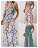 Purple, Brown or Green Floral Print Smocked High Waist Square Neck Jumpsuit