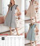 Double Ruffled Short Sleeve Contrast Trim V Neck Midi Dress