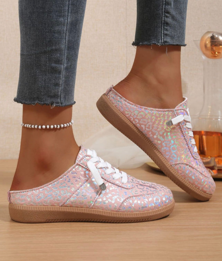 Shiny Leopard Print Lace up Slip on shoes