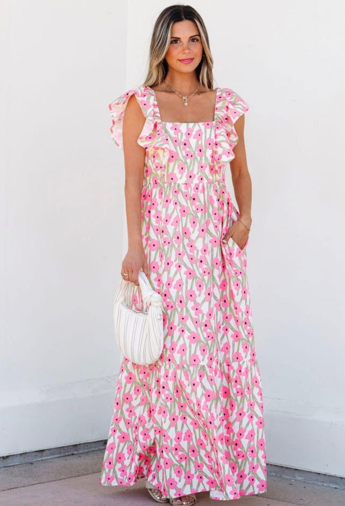 Pink Floral Print Square Neck Ruffled Strap Maxi Dress
