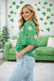 Green Sequin Clover Ruffled Trim Bell Blouse