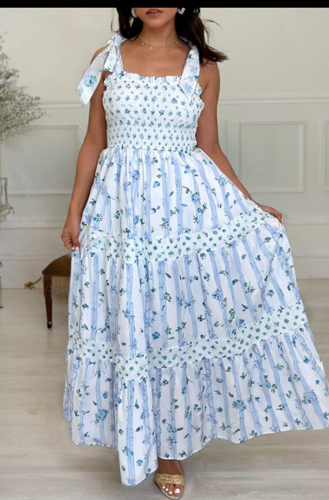 Sky Blue Floral Smocked Tied Straps A-Lined Tiered Maxi Dress