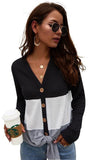 Waffle weave button down color block knot shirt