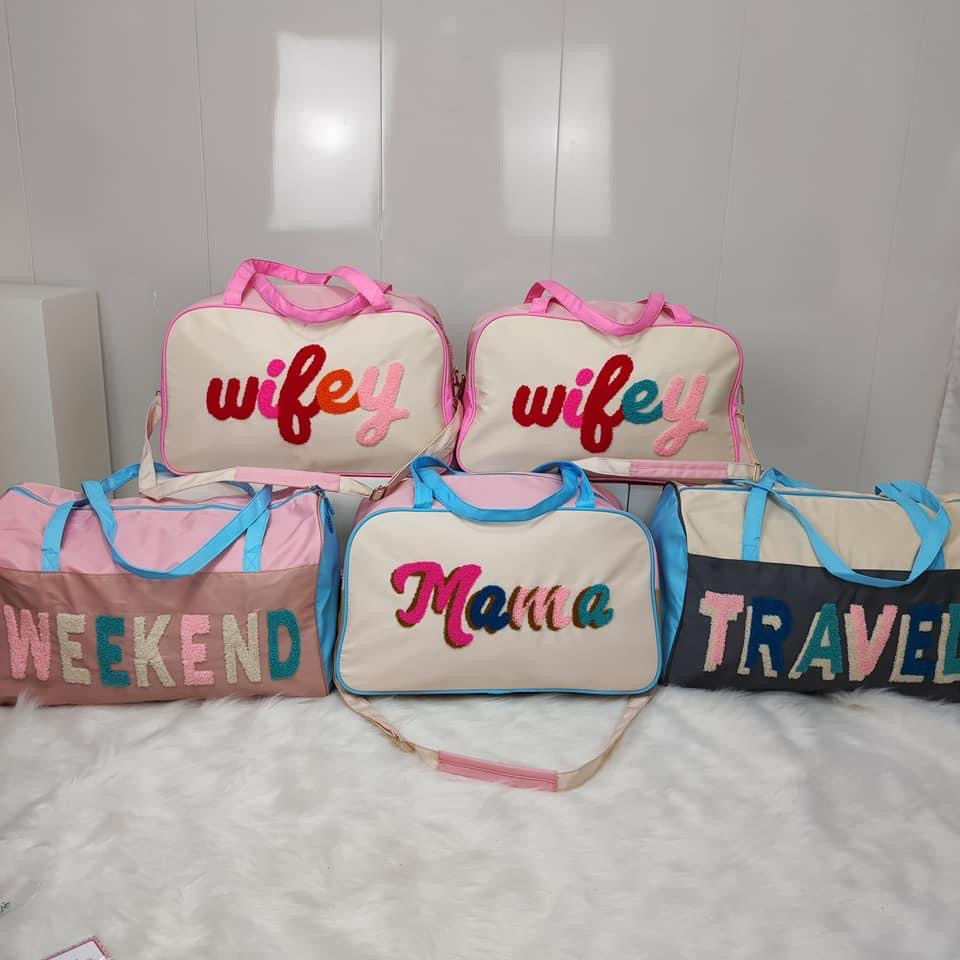 Wifey READY TO SHIP Mama Travel Overnight Chenille patch Duffle bag